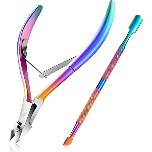 Cuticle Trimmer with Cuticle Pusher, Easkep Cuticle Remover Cuticle Nipper Professional Stainless Steel Cuticle Cutter Clipper Pedicure Manicure Tools for Fingernails and Toenails (Rainbow)