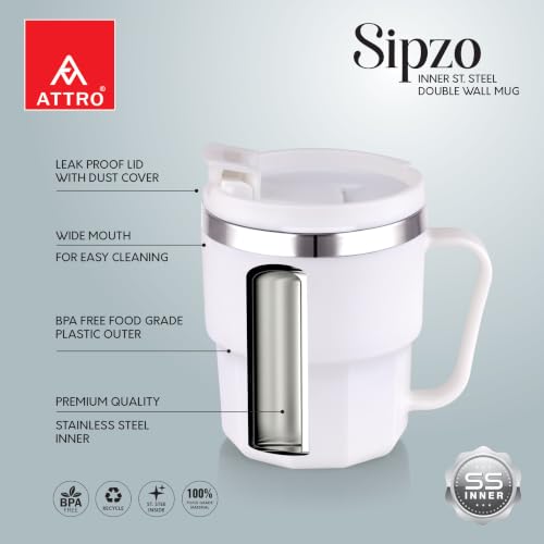 Image of ATTRO Sipzo Double Wall Inner Steel Coffee Mug, 350ml, Microwave Safe, Stainless Steel Inner, BPA Free Food Grade Outer, Leakproof Lid with Dust Cover, Wide Mouth, Office & Travel Mug-White
