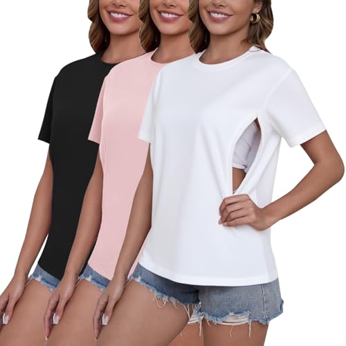 Image of Ecavus Women's 3-Pack Nursing Shirts for Breastfeeding with Hidden Zippers Loose Fit Maternity Tops
