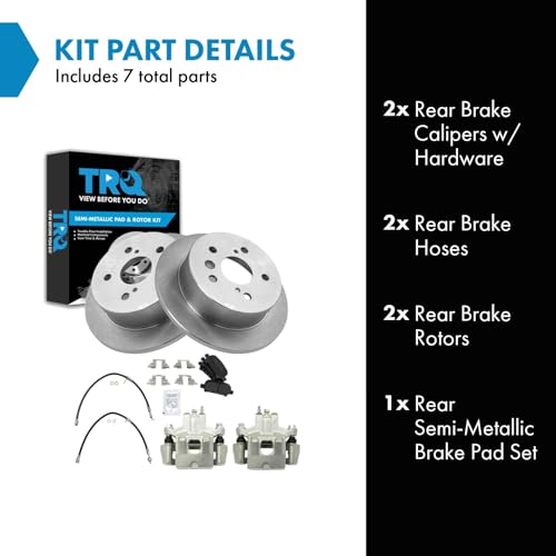 Image of TRQ Rear Brake Pad and Rotor Set Semi Metallic Calipers Hardware | For 2005-2007 Toyota Avalon 2002-2006 Camry 2004-2008 Solara