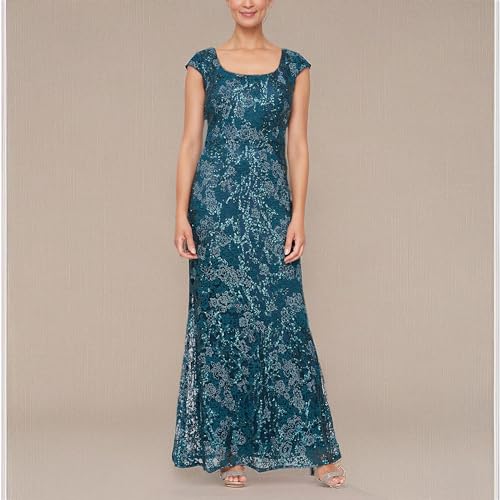 Image of Alex Evenings Women's Long Embroidered Cap Sleeve Dress