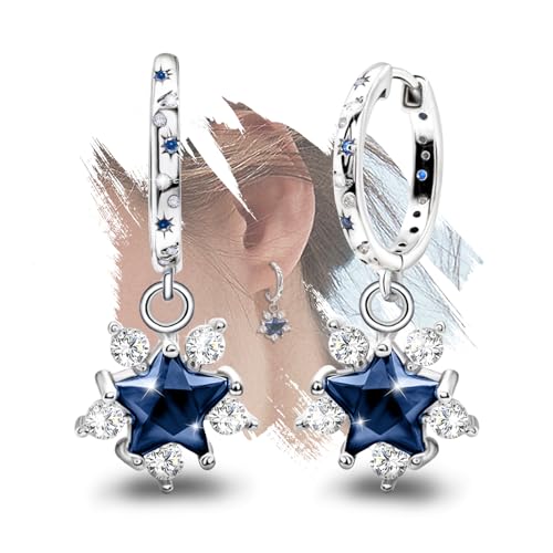 Blue Star Earrings for Women - Sterling Silver Hoop Huggie Earrings Hypoallergenic White Dark Blue Cubic Zirconia Star Moon Sun Earrings Jewelry Gifts for Teen Girls for Christmas