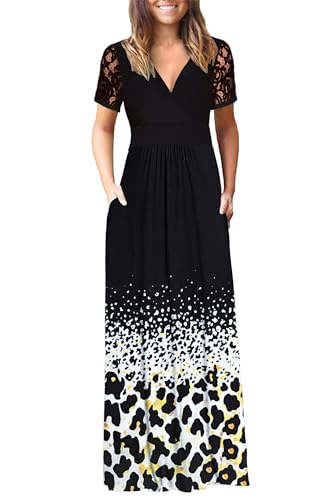 Image of AUSELILY Maxi Dresses for Women Summer Lace Short Sleeve V Neck Wrap Dress | Lace Short Sleeve, Two Pockets, V-Neck Wrap Waist Long Dress