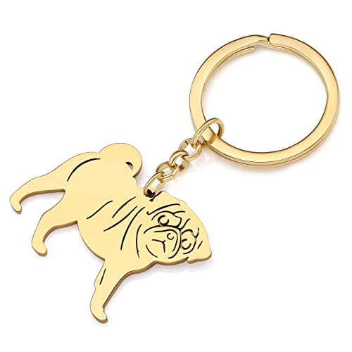 BAMAY Edelstahl Hund Rassen Schlüsselanhänger Mops Chihuahua Labrador Yorkshire Corgi Welpe Schlüsselring Charms Hund Geschenke für Frauen Mädchen (Pug Vergoldet)