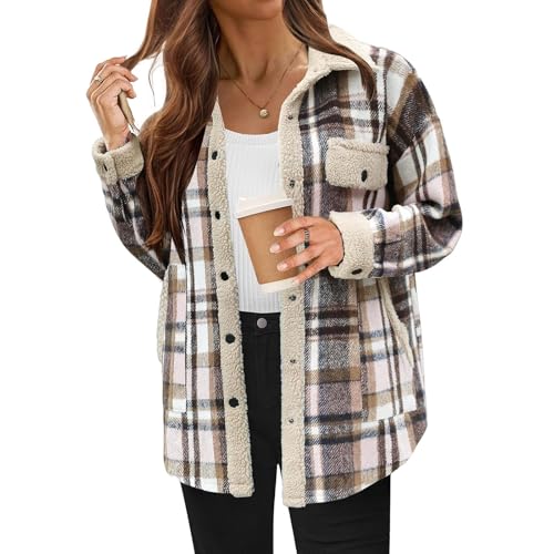 Women Fleece Jackets Casual Flannel Plaid Shacket Button Down Lapel Collared Sherpa Jackets with Pockets Fall Coat2