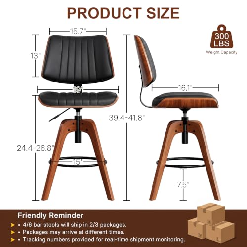 Image of Counter Height Bar Stools Set of 2, Adjustable Swivel Kitchen Island Stools | Mid Century Modern Counter Stools, Swivel Barstools with Back, Faux Leather Upholstered Bar Chair