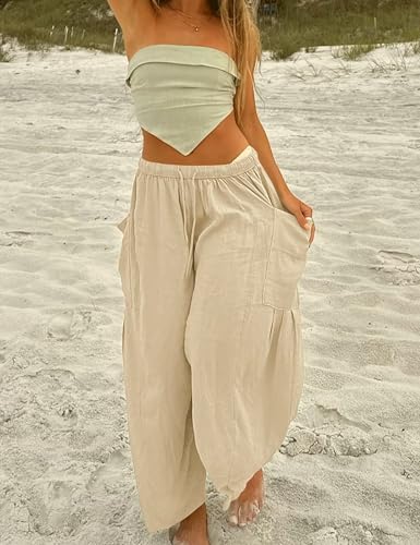 HangNiFang Cotton Linen Wide Leg Pants for Women High Waisted Beach Palazzo Harem Pants4
