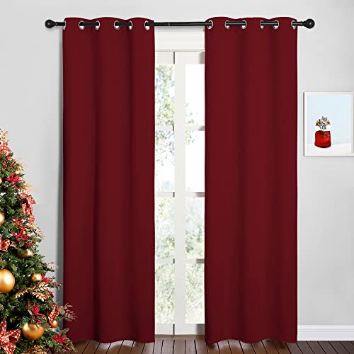 Image of NICETOWN Christmas Burgundy Bedroom Curtains Blackout Draperies, Christmas Decorations Thermal Insulated Solid Grommet Top Blackout Drapes for Cafe (One Pair, 34 x 84-inch)