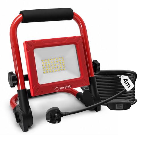 Image of auralab LED Work Light 50W with Switch, 5000LM Portable Construction Light with 4m Cable, IP65 Waterproof Working Light with Stand, 6500K Job Site Light for Garage, Workshop, Camping