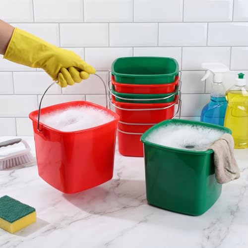Image of Zhehao 6 Pcs 3 Quart Bucket for Cleaning Small Sanitizer Bucket for Restaurant Square Plastic Pail with Handles for Home, Offices, Commercial Use, Food Service (Red,Green)