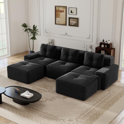 Image of 117 inch U-Shaped 3-Seater Modular Boneless Couch with 2 Ottomans, Cozy Corduroy Upholstery, Deep Seat Cloud sectional Sofa, No Assembly Anti-Slip Stable Design, Black