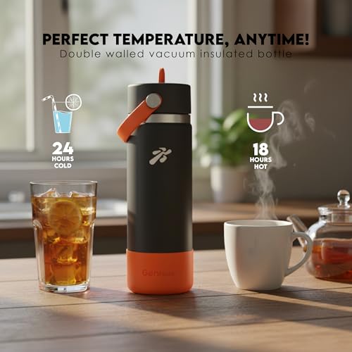 Image of VBOTT GENFLASK-Ozil -600 ml|Thermosteel Flask with Straw Sipper & Carrying Loop| SS 304 Water Bottle|Hot /Cold-18 /24 hrs|Insulated Bottles|Dark Grey /Orange Colour|Multipurpose