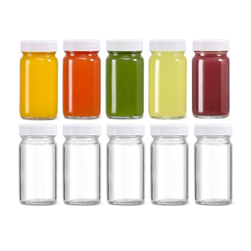Neuytiky 10 Piezas 60ml Botellas Cristal con Tapa Hermética,con Tapa Hermética,Mini Tarros Cristal Boca Ancha Reutilizables,Mini Botella de Vidrio Portátil,para Jugo,Jugo de Jengibre,Wellness Shot