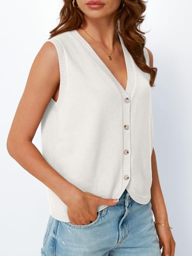 Image of LILLUSORY Womens V Neck Button Down Sleeveless Knitted Fall Sweater Vest | Soft Breathable Blend Tank Blouses for Ladies, Chic Curved Hem Preppy Outfits, Four-Season Versatile Layering Clothing Piece