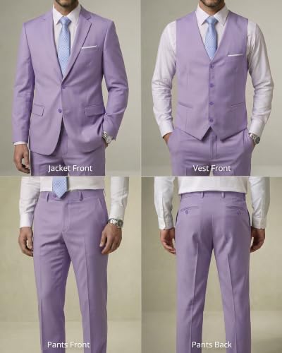 Image of YND Men's 3 Piece Suit with Tie, Solid Color Slim Fit Jacket Vest and Pants