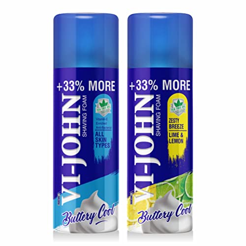 Image of VI - JOHN Shaving Foam For Men,Lime&Lemon&All Skin Type Shaving Foam With Goodness Of Nature,Tea Tree Oil,Vitamin E Enriched And Anti- Bacterial Formula(400Gm Each- Pack Of 2)
