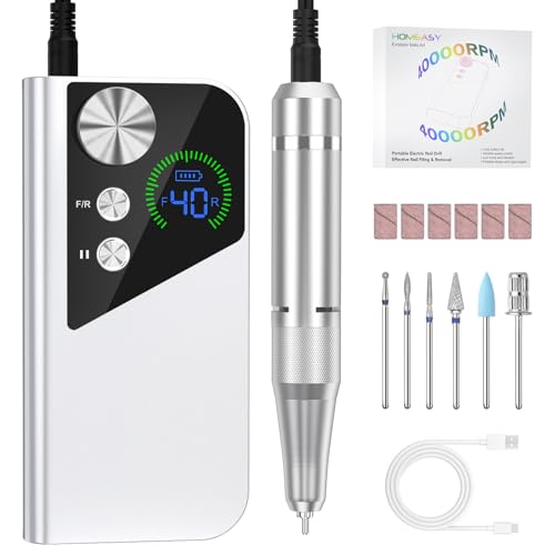 HOMEASY Torno para Uñas Profesional con Motor Silencioso y Antideslizante Limadora Eléctrica para Manicura y Pedicura Incluye Puntas de Cerámica Duraderas Batería Recargable Pantalla LCD Inteligente