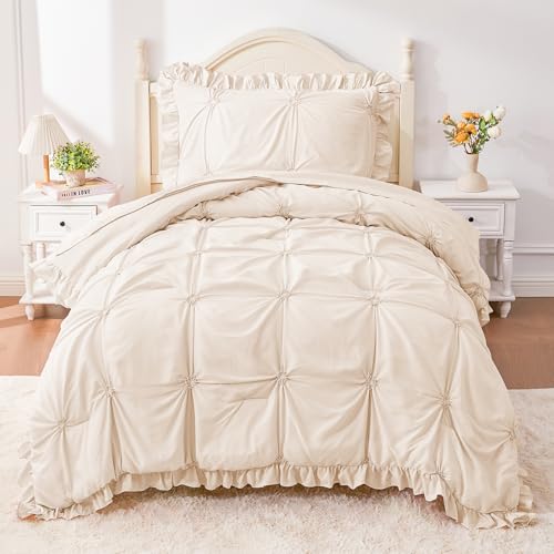 Image of Twin Comforter Set for Girls, Boho Pintuck Bedding Comforter Sets, 4 Pieces Ruffles Jacquard Embroidery Twin Bedding Sets with Comforter, Fitted Sheet, Flat Sheet and Pillowcase, Beige