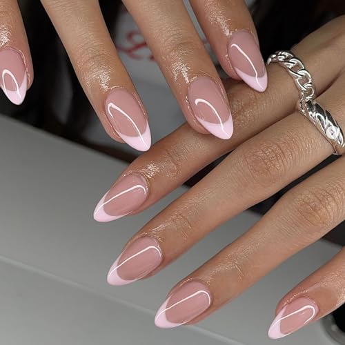 Light Pink French Tip Press on Nails Short Almond Nails Press ons...