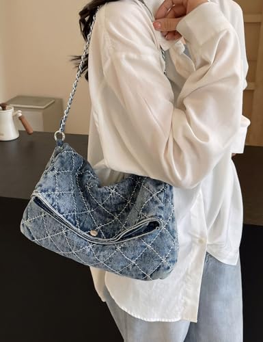 Quilted Denim Crossbody Shoulder Bag for Women Vintage Jean Casual Purse with Adjustable Strap Chain2