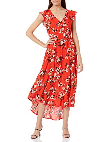 Jessica Simpson Women s Plus Size Gabbie Ruffle Trim Side Slit Maxi Dress, Fiery Red Sporadic Blooms, 3X