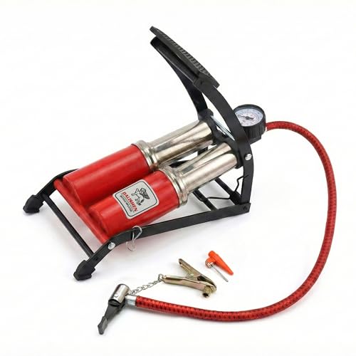 Aspect Double Barrel Foot Pump Twin Cylinder Foot Air Pump with 100 PSI Pressure Gauge Metal Body Thumb Lock Connector & 3 Valve Adaptors (Red)