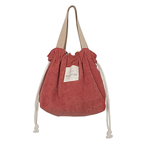 CHERSE Corduroy Lunch Bag for Women Lunch Box Aesthetic Lunch Bag Drawstring Cute Hand Bag Pastel Supplies (Drawstring Red)