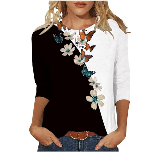 Ceboyel 3/4 Sleeve Tops for Women Summer Floral Paisley Print Tees Shirts Trendy Ladies Blouses Dressy Casual Clothing 2024 Cute Plus Size Tops for Women Black 2X