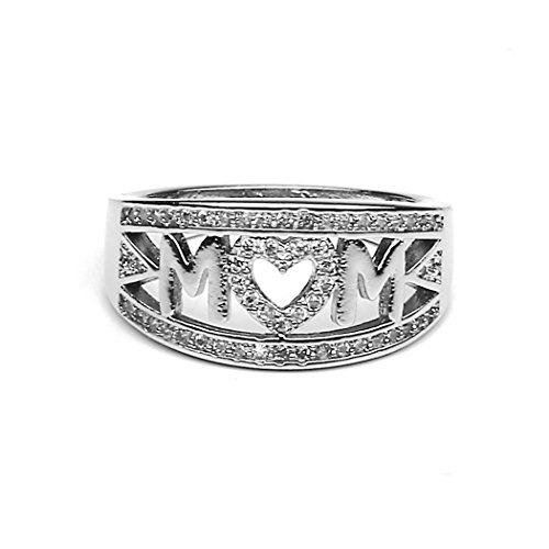 Myhouse Women Girls 18K White Gold Plated Rhinestone Heart Ring Mom Letter Ring For Mother's Day Gifts (10) #TOP5