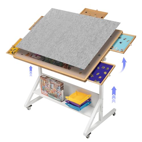 Tektalk Jigsaw Puzzle Table with Angle & Height Adjustment, Puzzle Easel with Cover & 5 Sorting Drawers, Tilting Board with Legs, Enclosed with 4 Roller Wheels, for Up to 1500 Pieces