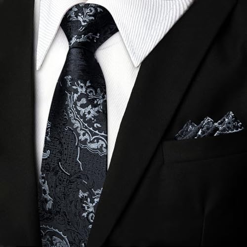 Image of DiBanGu Silk Floral Ties for Men Woven Paisley Necktie and Tie Clip Handkerchief Cufflinks Set for Party Wedding