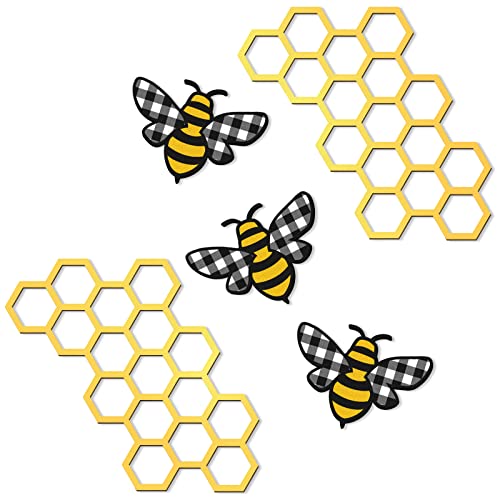 Image of Peryiter 5 Pcs Metal Bee Wall Art Farmhouse Honey Bee Honey Comb Decor Wire Metal Wall Decor Hanging for Living Room Garden Bedroom Office Home(Stylish Color)