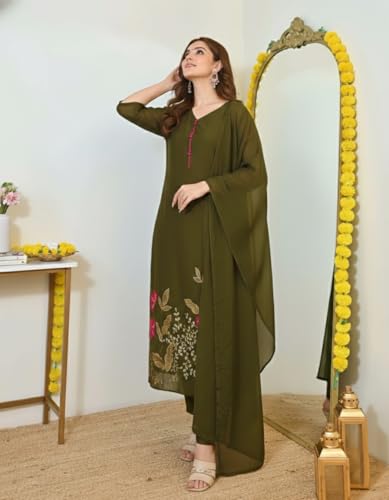 Image of ANNI Designer Women's Viscose Blend Embroidered Straight Kurta with Pant & Dupatta | Ethnic Kurta Set for Women | 3 /4 Sleeve Festive Traditional Dress | Office, Party & Daily Outfits Suit Set