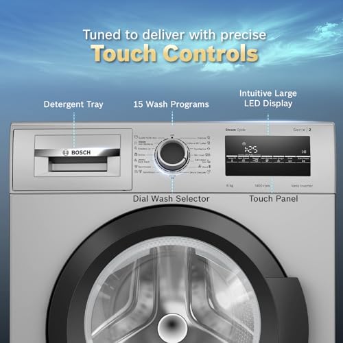 Image of Bosch 8 kg 5 Star Front Load Fully-Automatic Washing Machine, Steam Hygiene, AI ActiveWater, 15 Wash Programs, No Tangle or Wrinkle, SoftCare Paddle, Shiny Silver, WAJ2826BIN