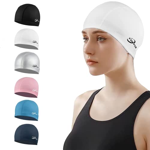 FUNOWN Elastische PU-Badekappen, bequemer Stoff-Schwimmhut, leichte Badekappen für Frauen, Männer, Kinder (Weiß) Cover