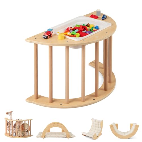 INFANS Wooden Arch Climber Rocker with Soft Cushion 6 in 1 Montessori Climbing Toys for Toddlers Waldorf Indoor Table Baby Children Ladder Gym Learning Playset Gift for Kids Boys Girls (Natural)