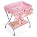 COSTWAY Table à Langer Multifonctionnelle pour Bébé 0-12 Mois, Table à Langer Pliable avec Panier de Rangement, 4 Roues Universelles avec Frein, Règle et Barre à Linge, 93 x 68 x 103 cm (Rose)
