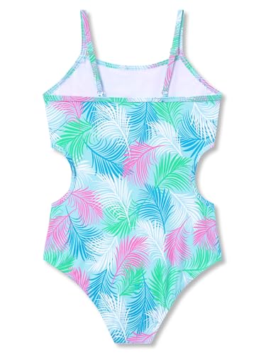 Image of Dvenki Big Girls Asymmetric Cutout Swimsuit Adjustable Straps Sizes 6X-16 | color block, leopard, tropical prints, front lined swimwear, removable pads, suitable for beach, vacation, pool play
