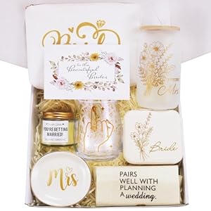 7PCS Bride To Be Gifts Set, Bridal Shower Bachelorette Wedding Gift Engagement Bachelor Party Fiance Gifts Box For Women Her with Wine Glass, Glass Cup, Jewelry Box Dish