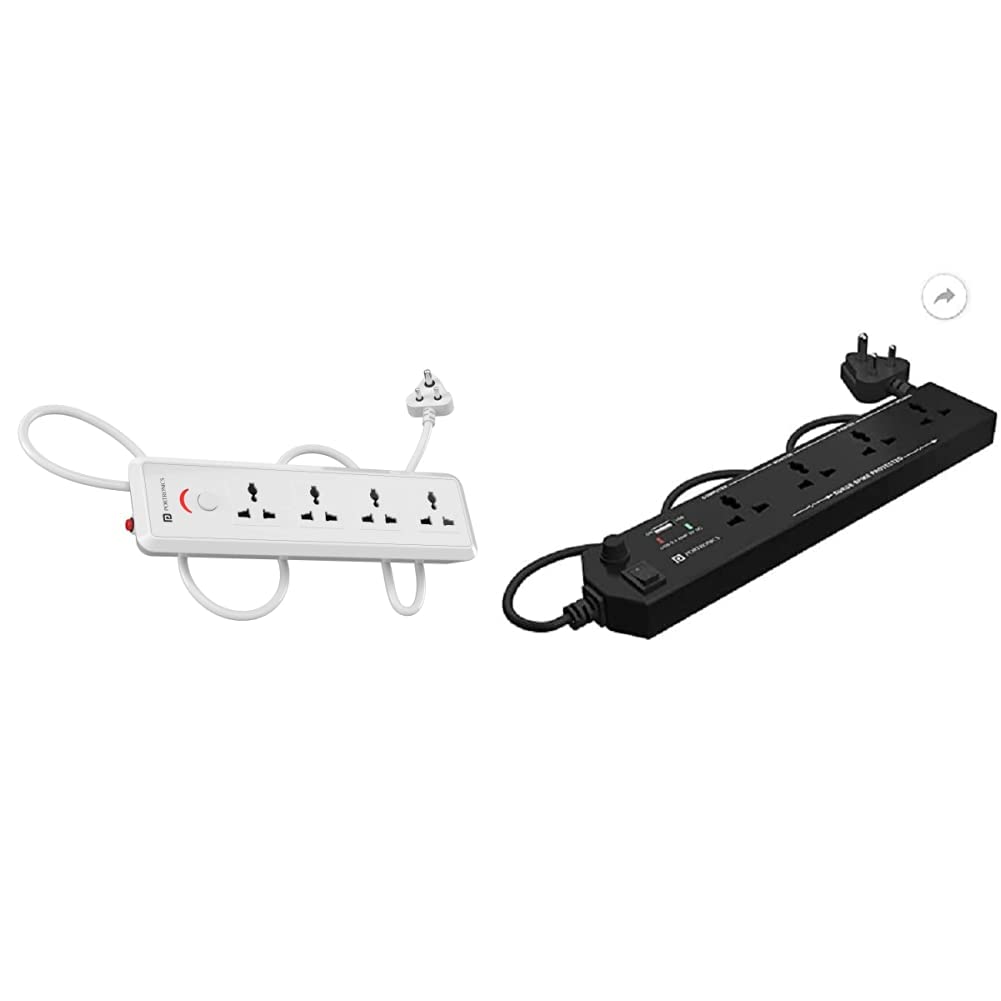 Portronics Power Plate 11 1500W Power Converter with 4 Power Sockets & Power Plate 4 with 4 Power Sockets + 1 USB Port Power Converter with Extension I Cord 1.5 Meter I 1500 Watts Max (Black)