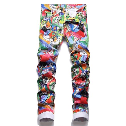 Men's Jeans European and American Slim Fit Denim Pants Stretch Jeans for Men, Painted Long Jeans Hip Hop Trousers