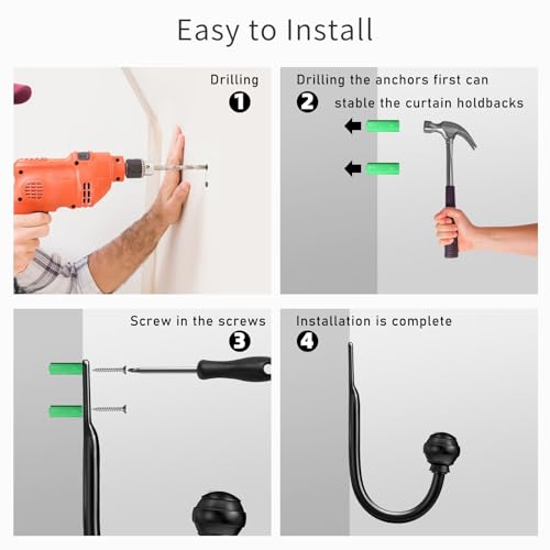 Hion Curtain Holdbacks Black, 2pcs Wall-Mounted Metal Curtain Tie Backs Curtain Hooks Holders for Hanging Curtains Other Items - Image 6