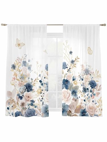 Pastel Floral Sheer Curtains 52"W x 63"L Blue & Pink Flowers Rod Pocket Drapes Spring Summer Window Treatments Butterfly Light Filtering Curtains for Living Room Kitchen Bedroom Decor 2 Panels