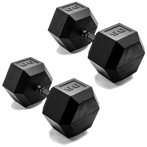 CAP 90 LB Rubber Coated Hex Dumbbell Weight, Rubber Free Weights for Home Gym Strength Training, Black Oxide Handle, Pair
