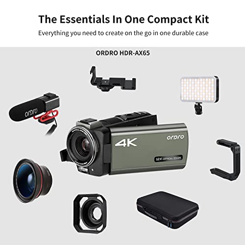 ORDRO 4K Camcorder UHD Video Camera Digital Camcorder Live Streaming Camera Recorder 1080P Camcorder with 12x Optical Zoom Video Camera with 64G Memory Card