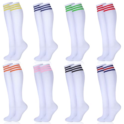 8 Pairs Neon Knee High Socks,8 Colors Striped Soccer Sock Long White Stockings Skate Skating Hosiery Soccer Athletic Football Basketball Softball Dance Knee High Socks for Men Women Girl