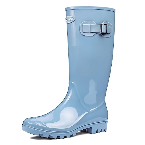 DKSUKO Women's Tall Waterproof Rubber Garden Rain Boots with Buckle
