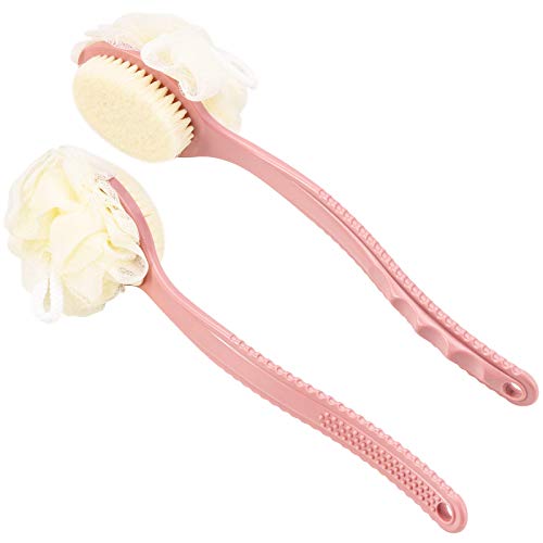 2 Pcs Shower Loofah for Back Bath Body Scrubber Brush for Women and Men, Bristles and Sponges Ball, Long Handle, Pink