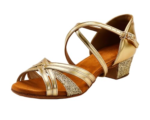 Kids Ballroom Dance Shoes Latin Salsa Suede Sole Dancing Dress Shoes for Girls(11, Gold)