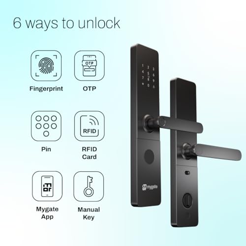 Image of Mygate Smart Door Lock Plus (2026 Model) with 6-Way Unlock | Fingerprint, PIN, Mobile App, RFID Card, Manual Keys | Remote Unlocking via OTP | for Main Wooden Doors |3-Year Warranty by Mygate